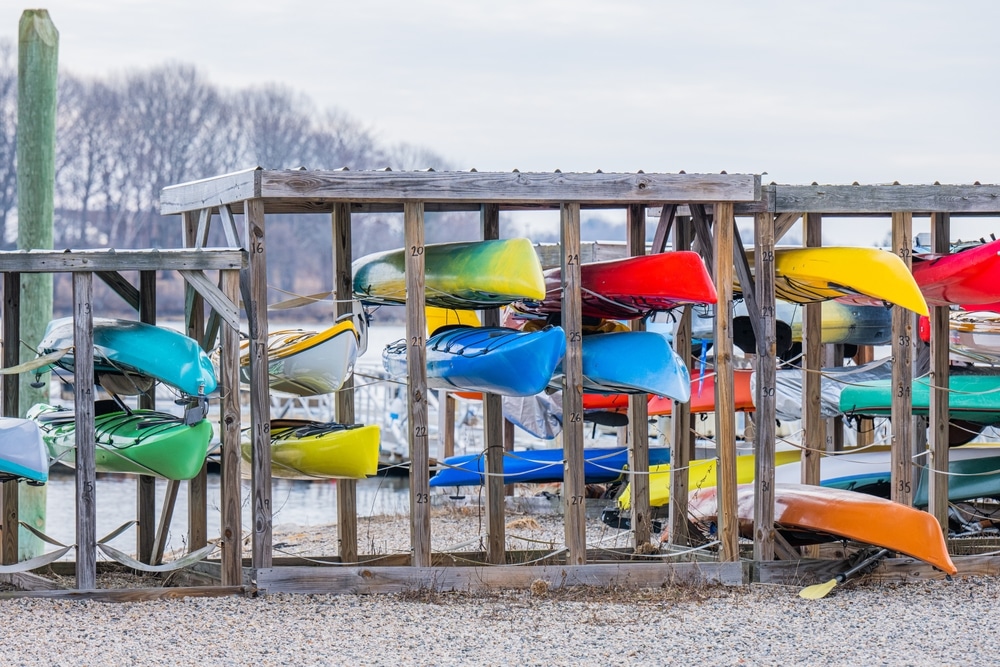 A view of a kayak rack on seaside