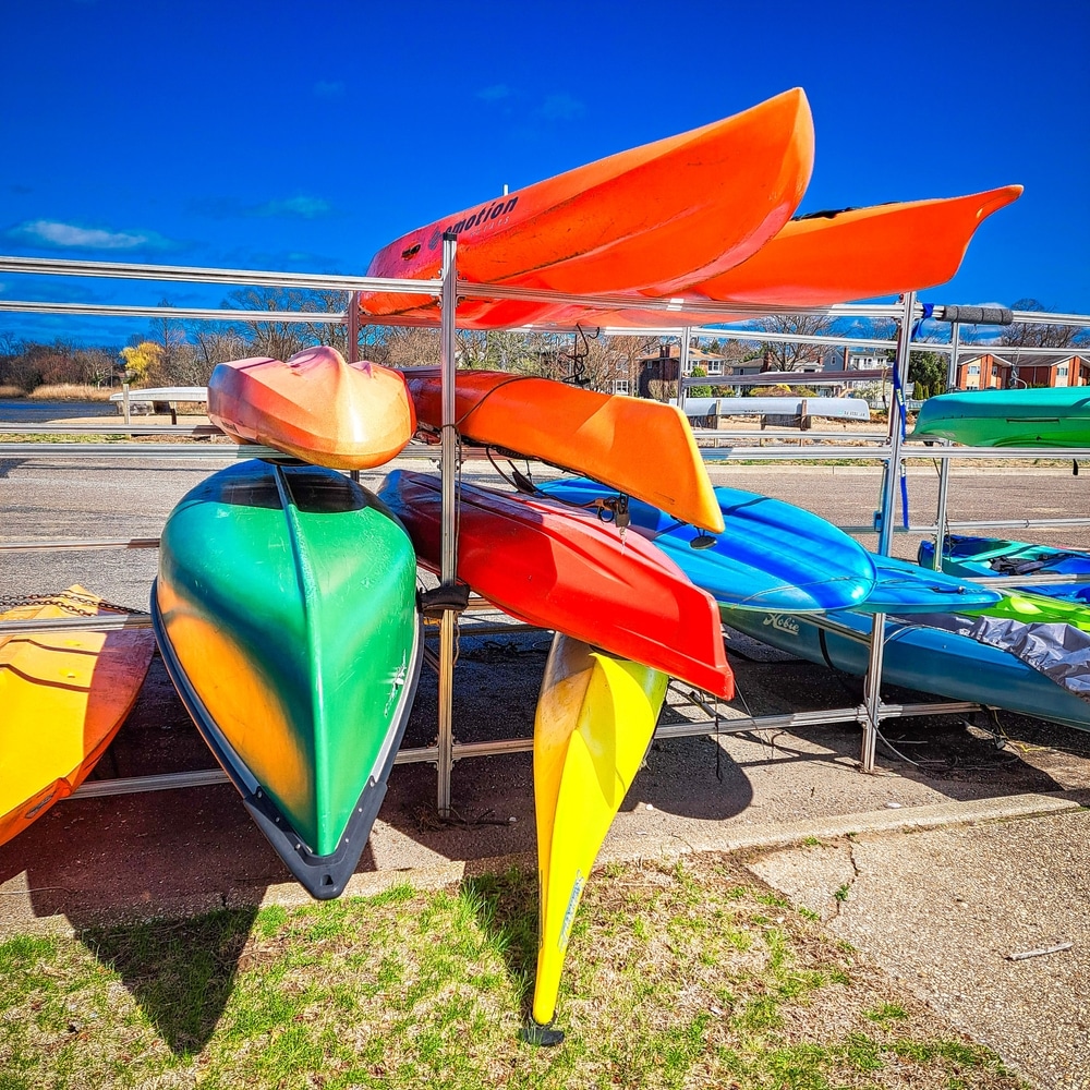 A view of some kayaks on a diy rack