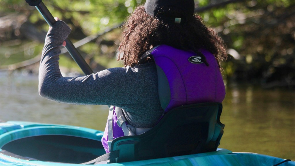 A backview of a woman wearing Stohliquist Flo life jacket