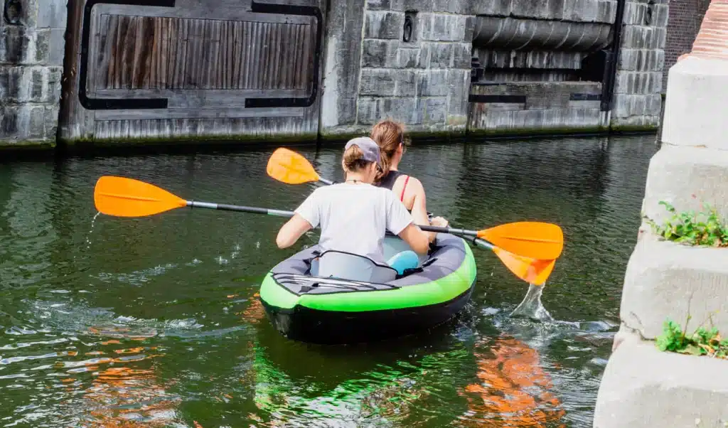 A backview of two women kayaking in a double kayak