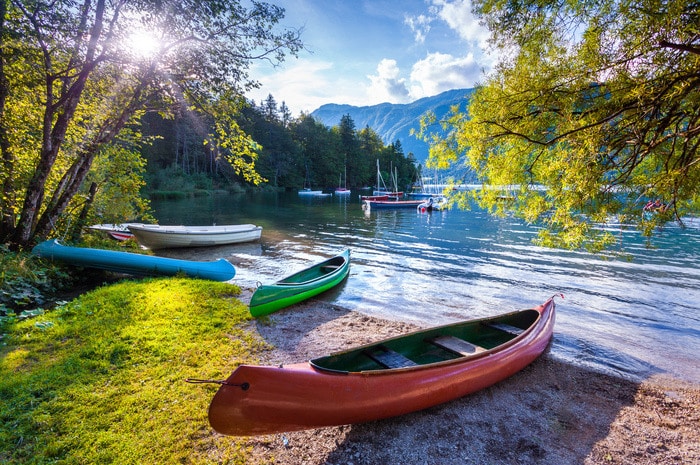 A beautiful view of an outdoor nature sea location with trees and kayaks at the shore