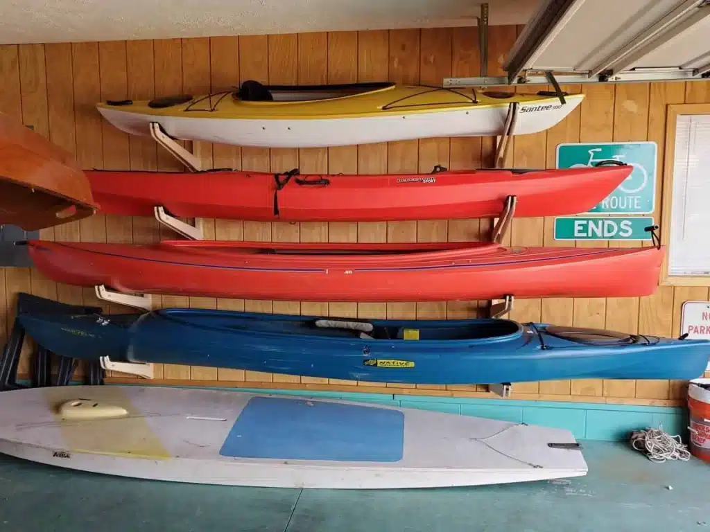 kayaks in the garage