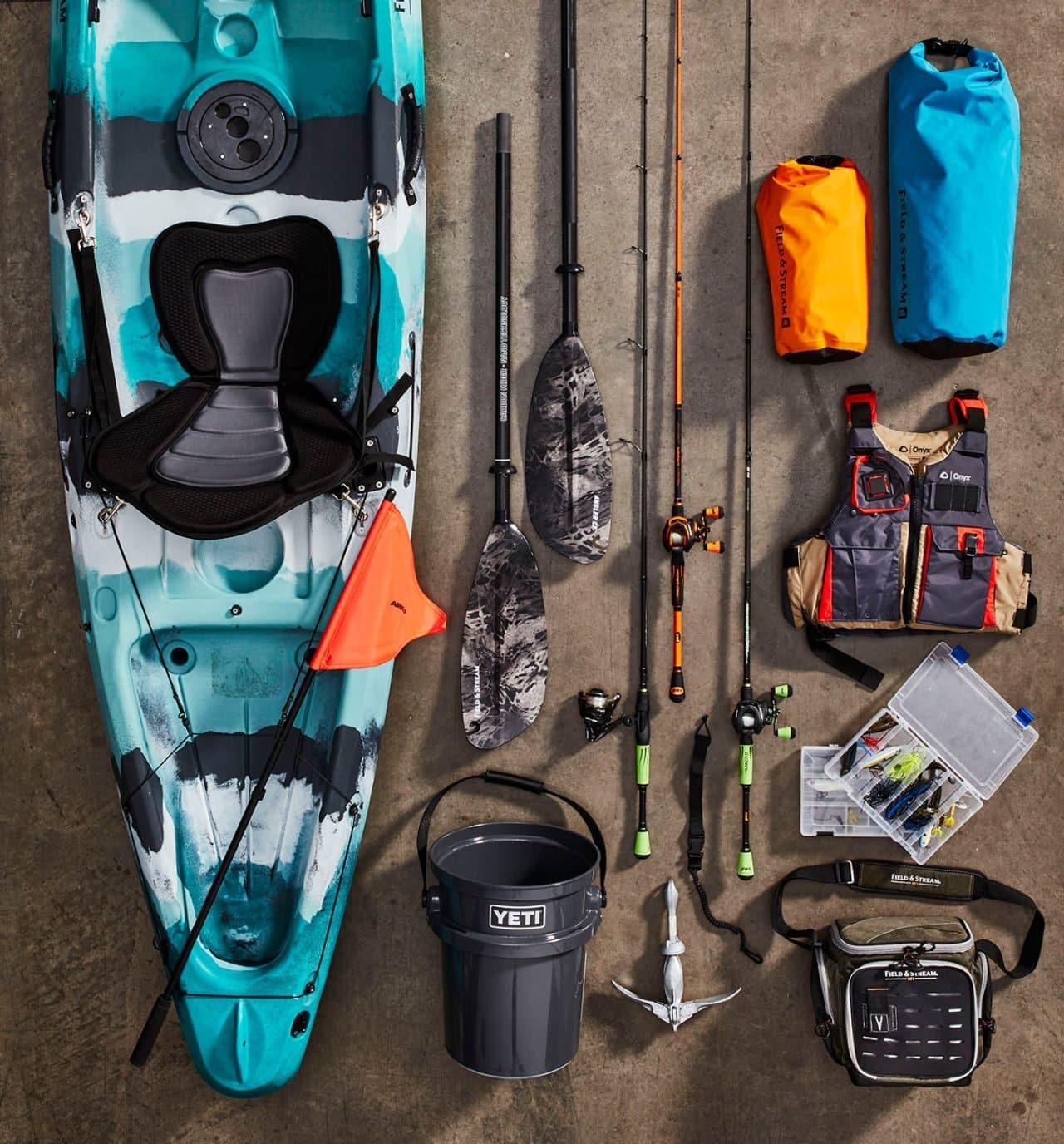 a kayak and fishing accessories