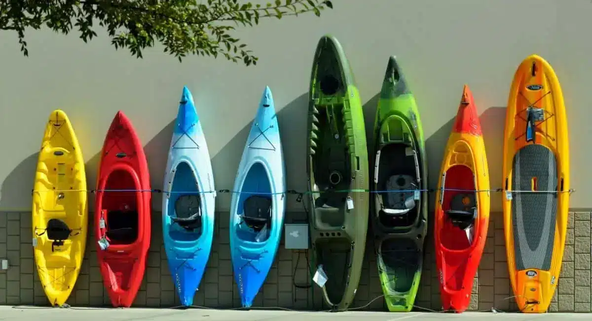 different ypes of kayaks standing in a row on water