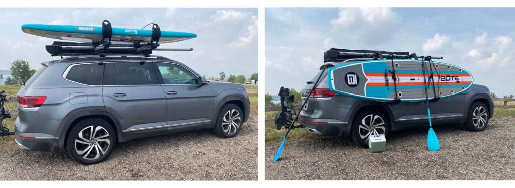 silver vehile with Thule Hullavator Pro rack carrying a kayak