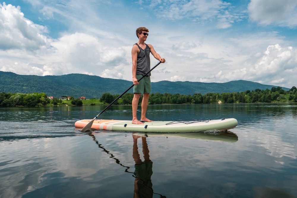 Sup Stand Up Paddle Board Concept Young Men Paddle