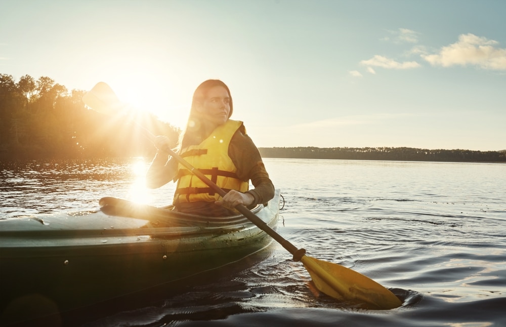 Girl Thinking And Outdoor On Lake Or Kayak Or Water